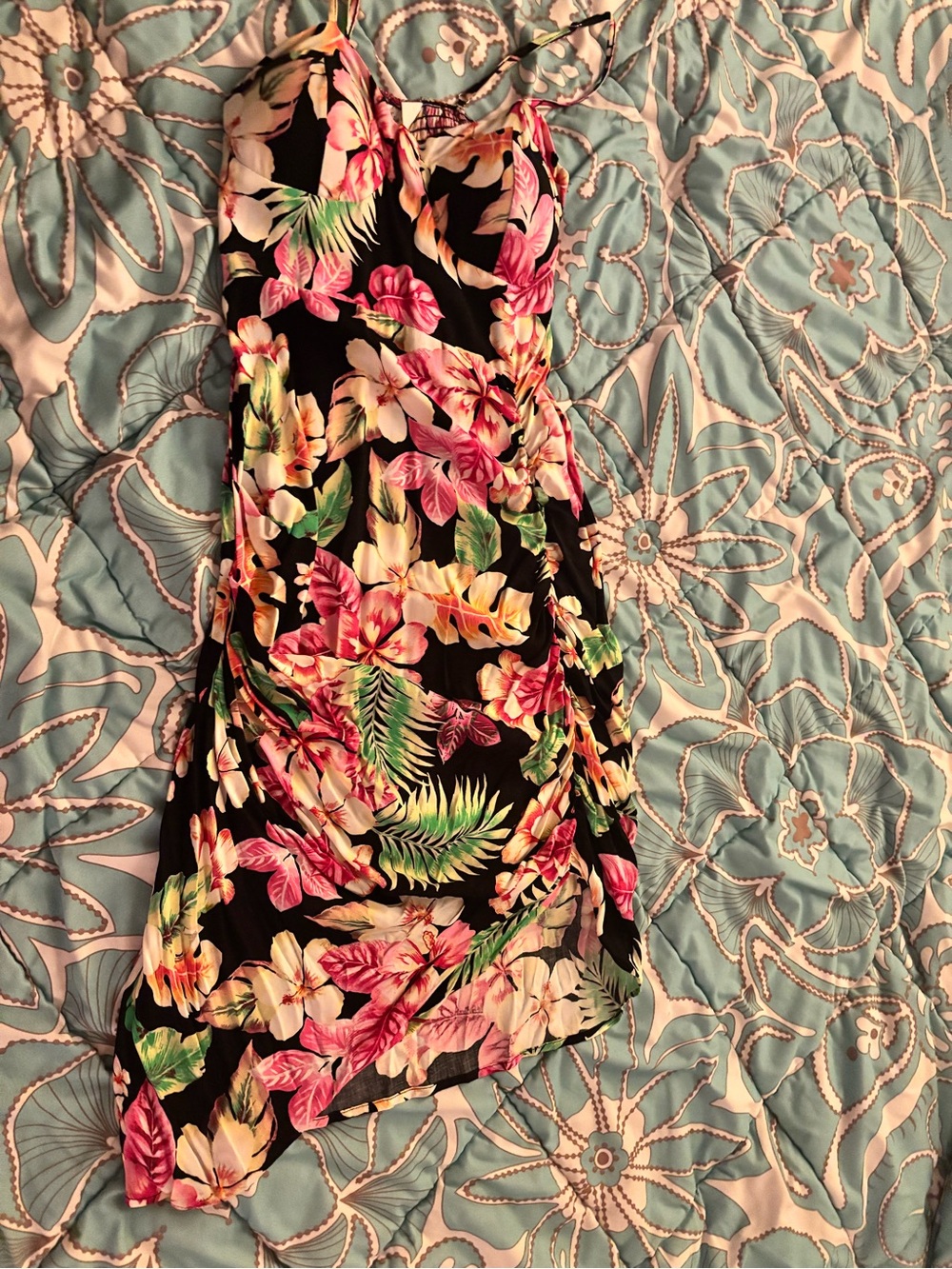 Tropical Floral Black Slip Dress